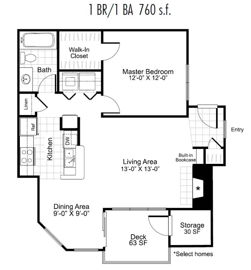 Floor plan for 1 bed, 1 bath, 760 sqft
